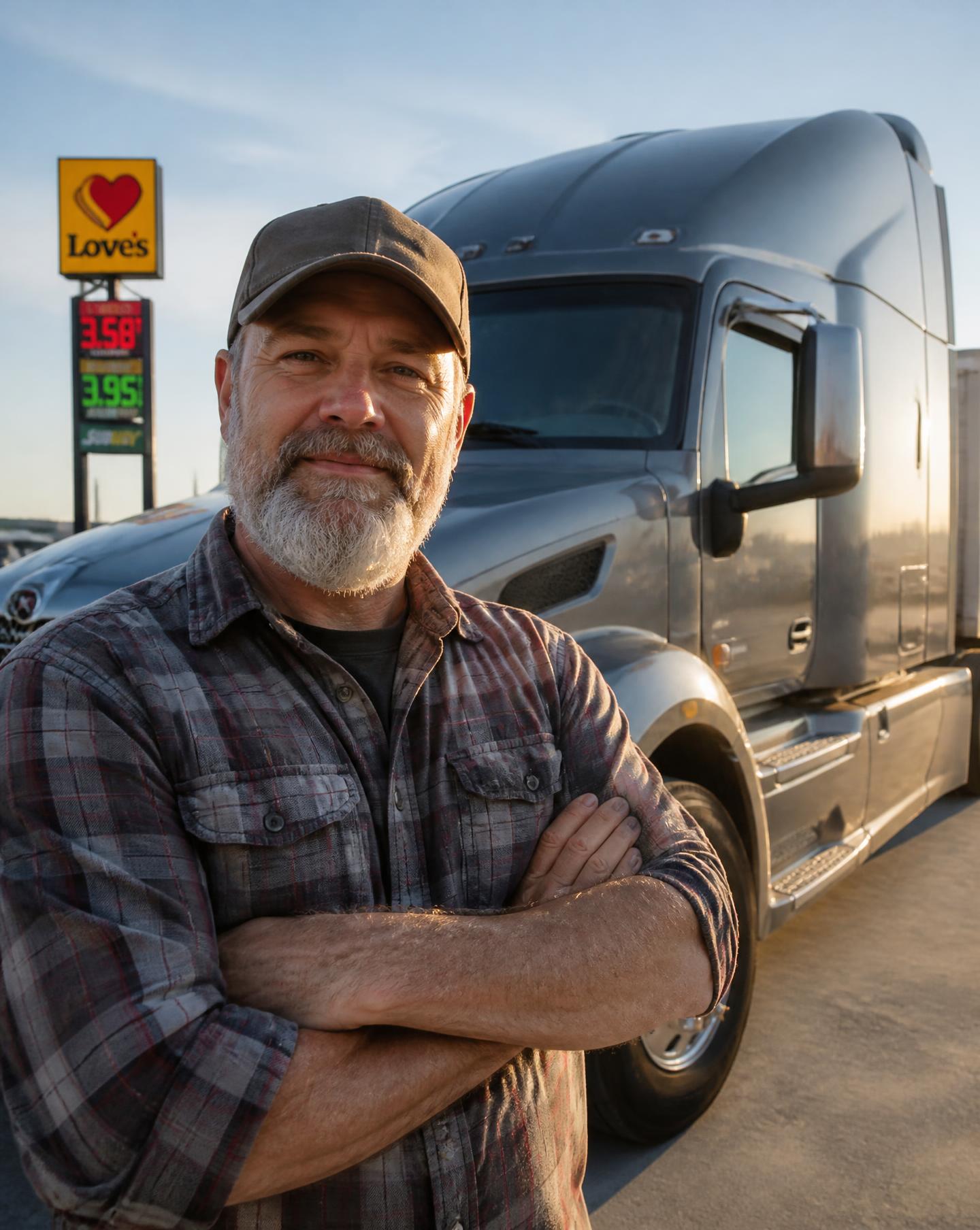 Professional American truck driver standing beside his semi truck