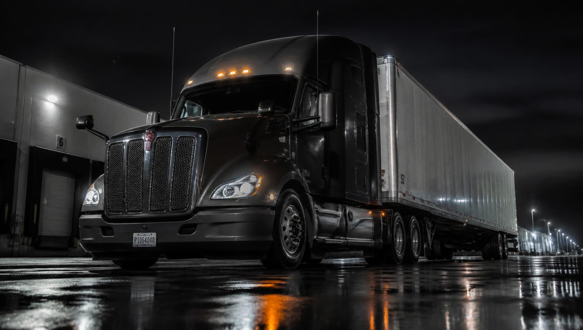 American tractor trailer at a freight terminal at night, low angle